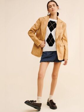 Flat White Structured Vegan Leather Blazer Size Small Tan Camel Vintage Look